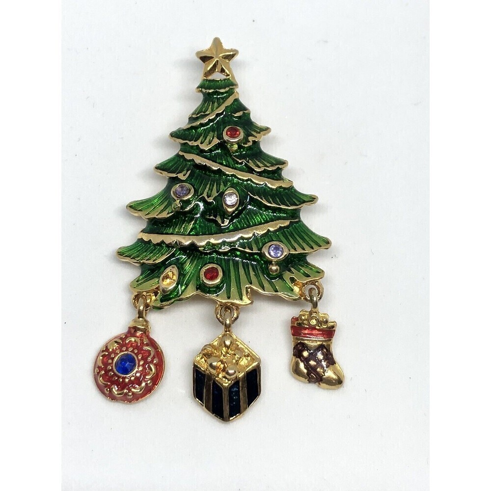 Vintage CHRISTOPHER RADKO Rhinestone Christmas Tree 3 Dangle Charm Brooch Pin